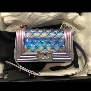 Small boy Chanel handbag iridescent rainbow holo